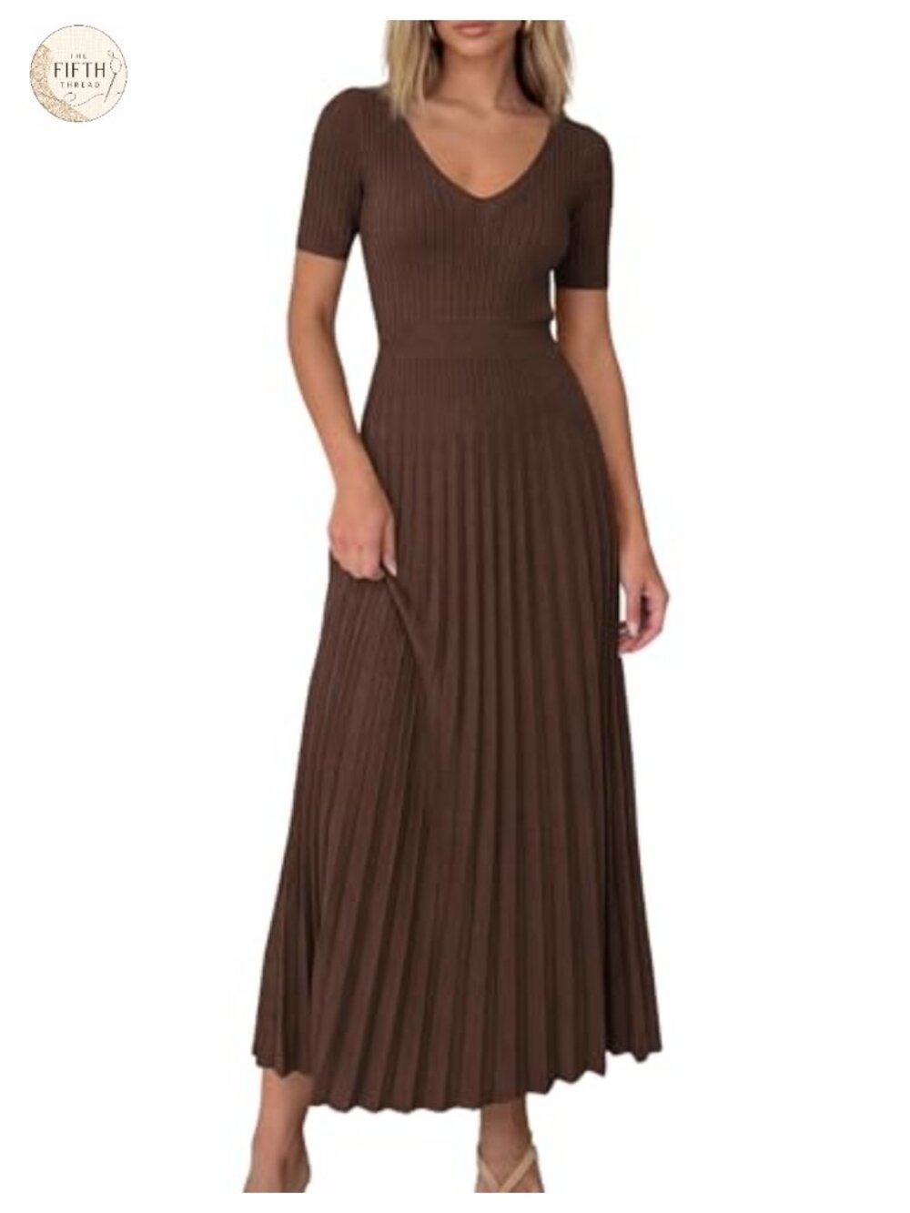 Casual Knit Midi Sweater Dress V-Neck Pleated Fit & Flare